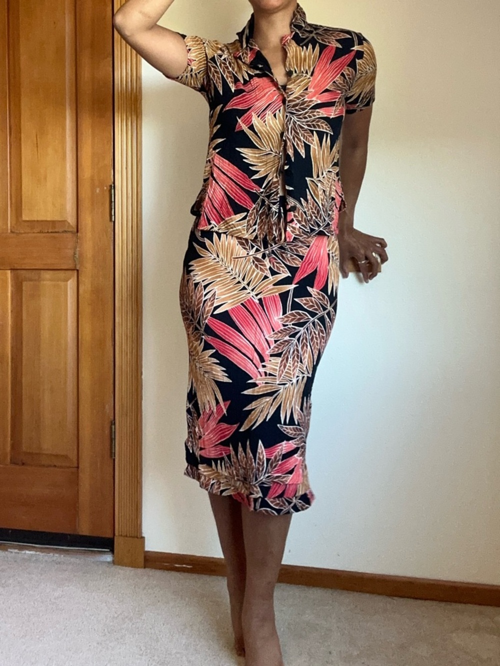 Tropical Black Midi Dress with Coral & Tan Leaf Print